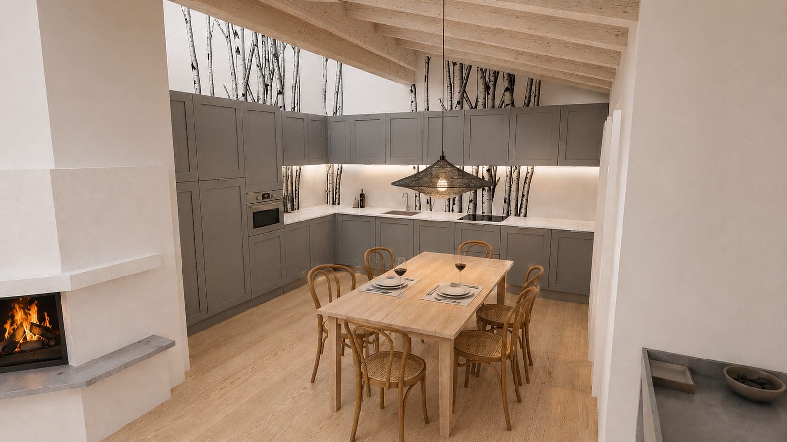Visualisation 3D nouvelle cuisine en U — portes shaker grises, plan de travail blanc, papier peint bouleau, plafond bois