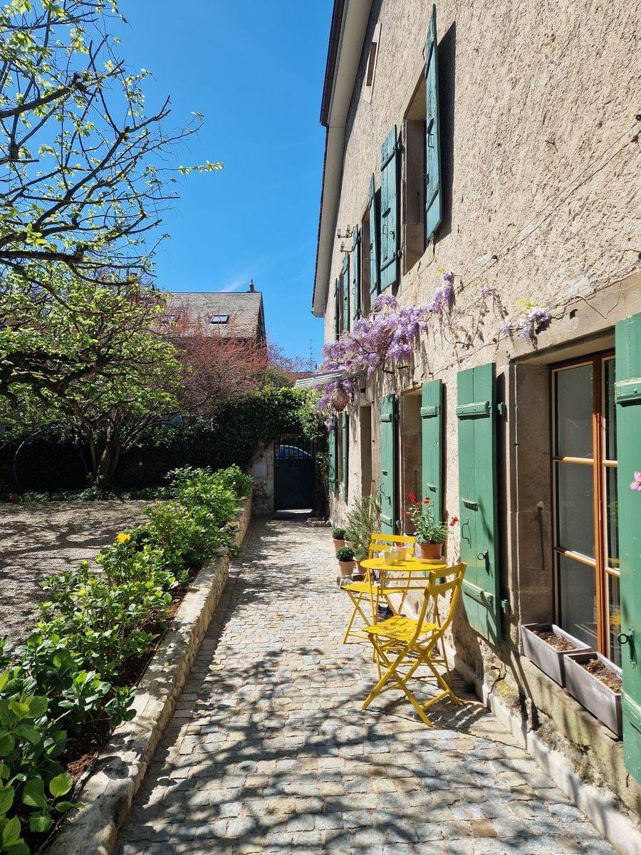 Jardin maison de village — détail massifs, mur pierres rondes